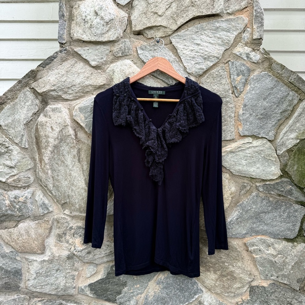 Ralph Lauren Crochet Lace Ruffle Oversized Collar Navy Blue Shirt